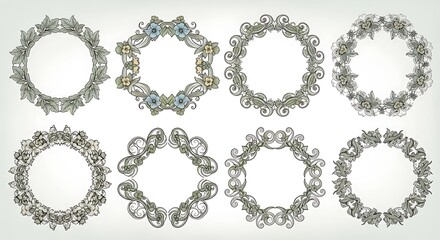 Obraz premium Collection of decorative circular frames with intricate floral and leaf designs in muted tones.