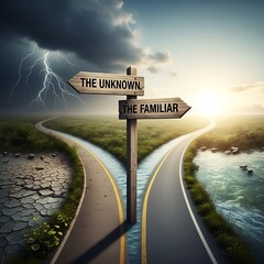 A directional signpost depicting a choice between the familiar and the unknown, with contrasting landscapes symbolizing the two paths.