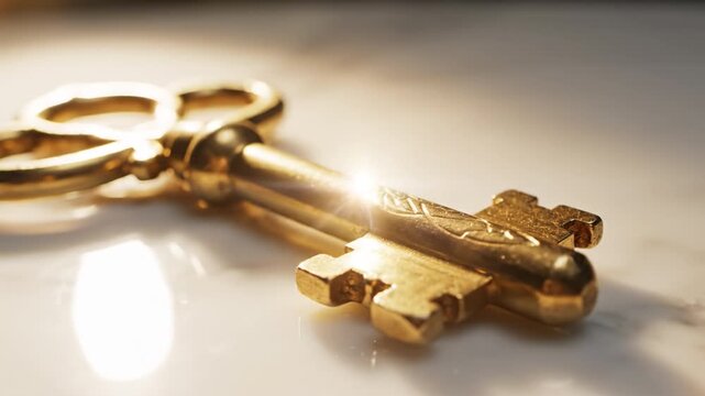 Golden vintage key on shiny reflective metal and marble with soft sunlight and light creating warm close up atmosphere symbolizing mystery elegance access and opportunity