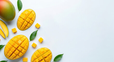 Fototapeta premium A vibrant mango fruit arrangement with green leaves on a white background.