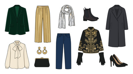 Collection of stylish, fashionable women's clothing and accessories layout