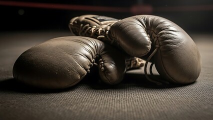 A pair of vintage boxing gloves, symbolizing intense dedication and the spirit of competition, rests on the ring canvas, embodying a fighter's journey and athletic triumph