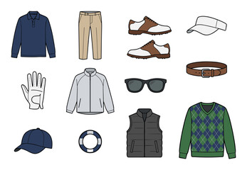 Golf apparel set, collection of sport clothes for golfing game on course