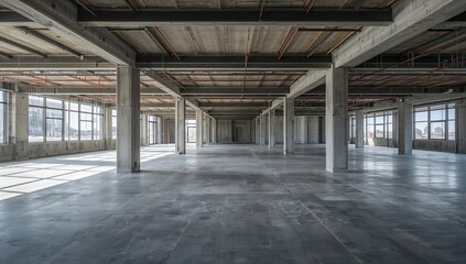 Empty concrete interior of a modern commercial building under construction