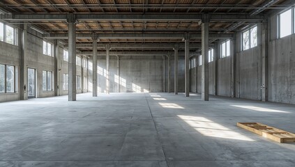 Modern industrial interior with concrete walls, pillars, and large windows