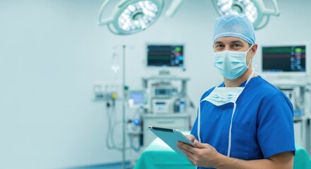 A male healthcare professional in a blue surgical gown and mask stands in a sterile operating room with medical equipment and monitors in the background.