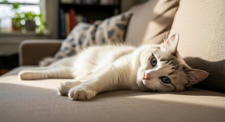 A beautiful white cat with blue eyes relaxing on a sofa in the warm sunlight.