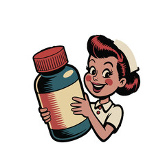 Vintage Nurse Character Smiling Happily Holding a Large Medicine Bottle