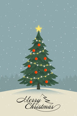 Christmas tree in the top of a hill in snowy background
