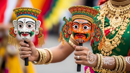 Vibrant traditional masks with intricate designs held by performers in ornate attire, capturing the essence of a lively cultural celebration and artistic heritage