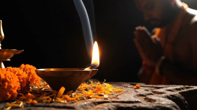 Traditional Diya Lamp Flame Worship Prayer Ceremony Hindu Festival
