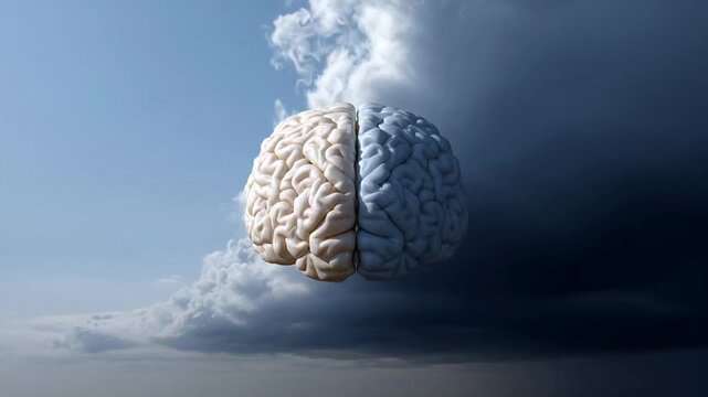 A brain floats between light and dark clouds, symbolizing duality and decision-making, evoking thoughts of mental health and innovation, suitable for World Mental Health Day