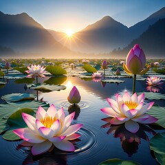 Serene sunrise over a tranquil lotus pond, showcasing delicate pink and white blossoms reflecting in the still water.