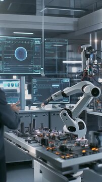 A human engineer and a sleek AI robot perform final tests on a newly built device, a holographic diagnostic screen pulsing with data.
