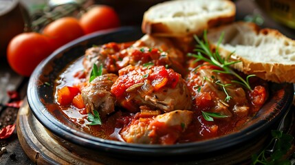 Fototapeta premium Close up shot of chicken cacciatore in a white bowl with bread slices on a decorative plate