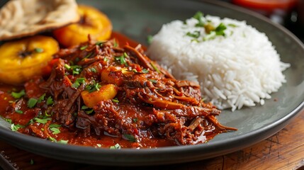 Close up of ropa vieja with rice and plantains on a white plate ready to be served and enjoyed