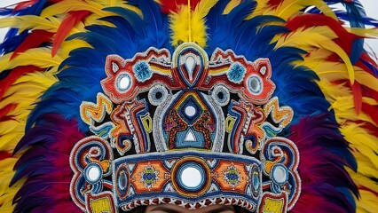 Vibrant feathered headdress with intricate beadwork, symbolizing cultural heritage and festive celebration