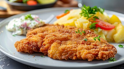 Fototapeta premium Close up of schnitzel with potato salad and lemon wedge on a gray plate ready to be served