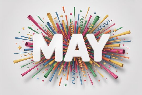 Explosion of colorful confetti and streamers with the word may