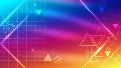 A vibrant 80s-style synthwave abstract background with a neon grid, glowing geometric shapes (triangles, circles), and silhouette palm trees against a gradient of pink, blue, and yellow-orange. Perfec