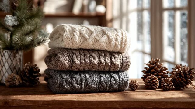 Cozy knit sweaters stacked on wooden shelf
