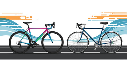 Fototapeta premium Modern colorful racing bicycle and a classic vintage road bike on an asphalt road, showcasing different styles of cycling.
