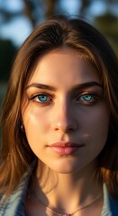 Close-up portrait of a young woman with striking blue eyes, bathed in warm sunlight, showcasing a serene and contemplative expression.