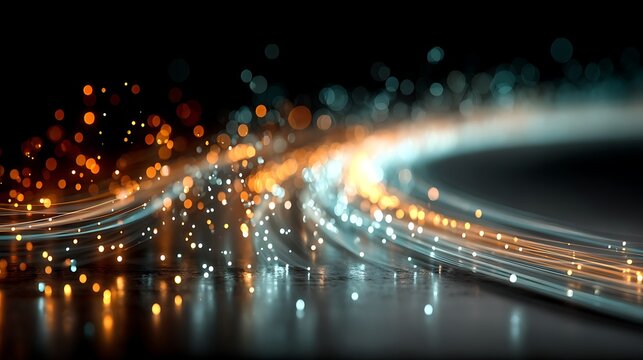 Abstract glowing light trails and particles on dark reflective surface image photo - Powered by Adobe