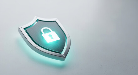 A shield with a glowing lock icon on a metallic surface.
