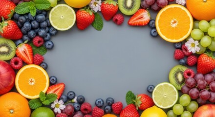 A colorful arrangement of fresh fruits and vegetables on a gray background.
