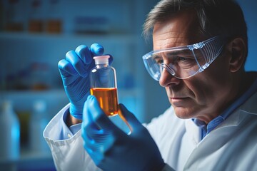 Senior scientist examining vial of orange liquid in laboratory setting