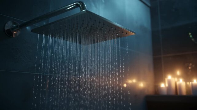 Rain shower in bathroom with candles
