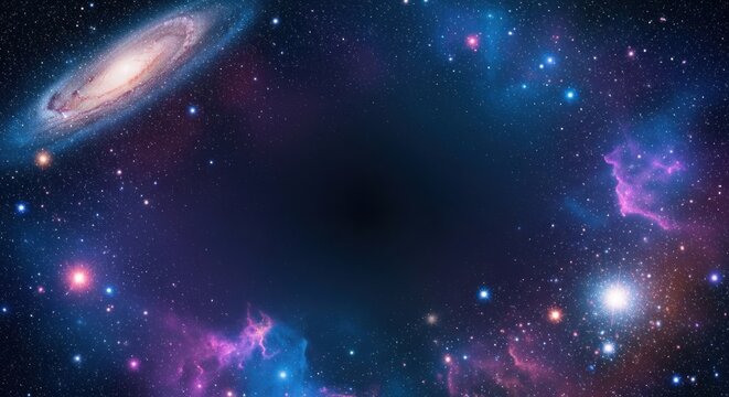 A vast, colorful galaxy with a spiral galaxy in the center and a nebula in the background. - Powered by Adobe