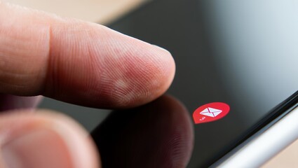 A close-up view of a finger gently tapping a smartphone screen, highlighting a red notification icon. The sleek device reflects light, creating a modern and engaging digital interaction scene