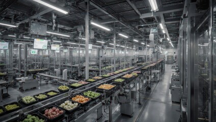 Food production line with fresh salads in a factory.