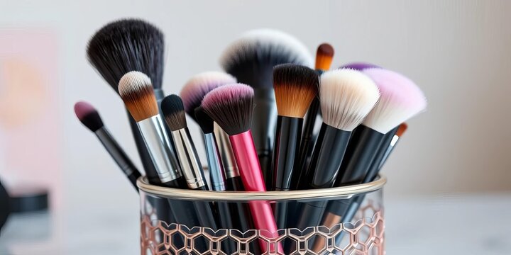Assorted makeup brushes in a stylish, organized holder, accessories, cosmetics