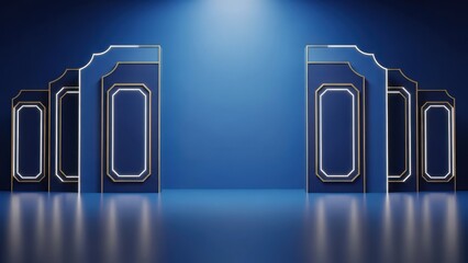 Symmetrical abstract stage with deep blue lighting, reflective floor, and elegant gold frame elements, suitable for formal events and luxury branding