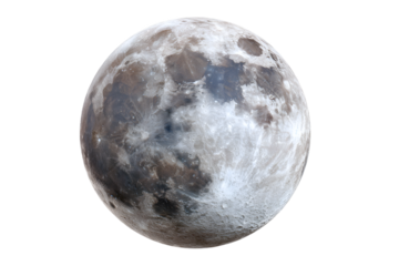 A detailed and realistic photograph of the full moon with its craters and dark plains, isolated on a clean white background.
