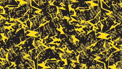 Abstract Grunge Yellow Splatter with Circular Dot Pattern on Black Seamless Design for Modern Artistic Background and Trendy Graphic Layout