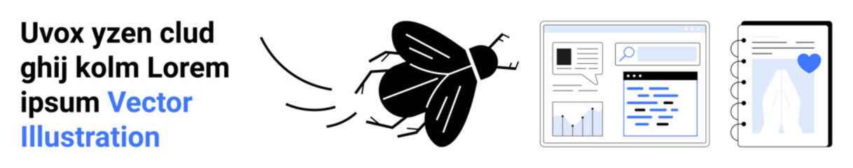 Data tracking, analytics, user interface design, software development, bug reporting, digital security. A fly next to interface windows and documents. Data tracking and analytics visualization