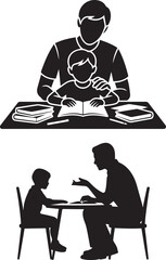 Father and Son Studying Black Silhouette on Transparent Background Vector