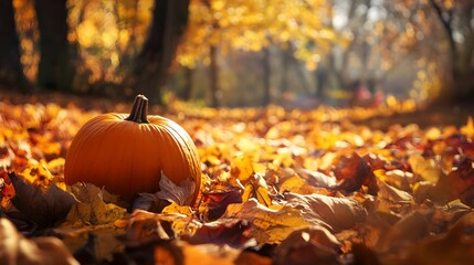 A lone pumpkin sits amidst a bed of fallen autumn leaves in a park. The warm sun bathes the scene in a golden glow.