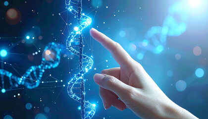 Decoding the Blueprint of Life: A person's finger interacts with a digital representation of a DNA double helix, symbolizing scientific innovation and genetic research.