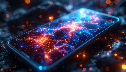 Digital Nexus: A modern smartphone glows with an intricate network of interconnected data streams, symbolizing the ever-evolving world of digital technology, the future of communication. 
