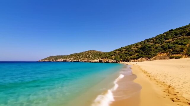Turquoise water meets sandy beach under a clear sky, framed by green, sloping hills