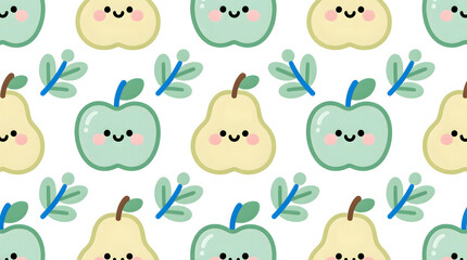 Obraz premium Kawaii pear and apple doodle icons in seamless repeat, accented with soft leaf clusters and bright Mediterranean blue details.