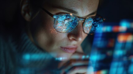 Software coding hologram and woman on tablet.