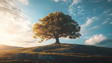 A lone tree stands on a grassy hilltop against a blue sky with fluffy clouds.