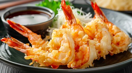 Close up of crispy tempura shrimp served on a decorative plate with dipping sauce and garnish viewed up close