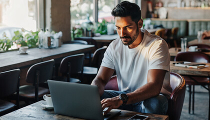 Young man working on laptop in a cafe.
